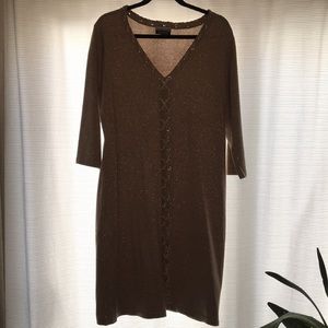 Sparkly tan v neck sweater dress. Never worn
